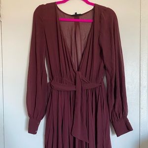 OLIVACEOUS Burgundy flowy maxi dress with slip and tie waist.